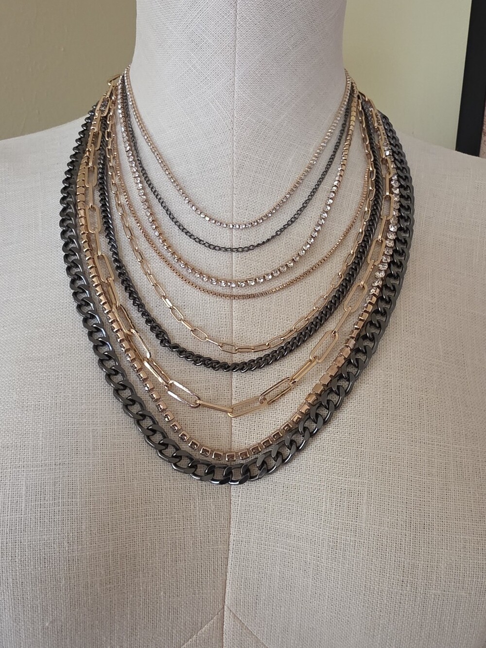 Multi-Layer Gold and Gunmetal Gray Chain Rhinestone Tennis Statement Necklace